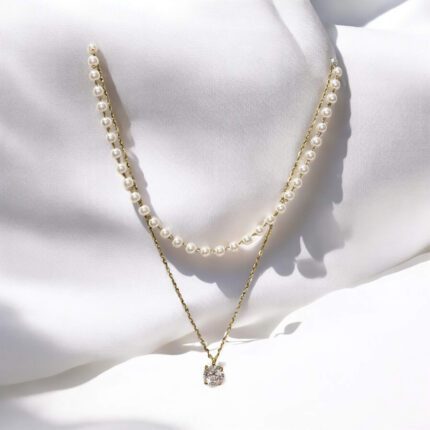 Naszyjnik stal chirurgiczna złoty podwójny perełki z kryształkiem