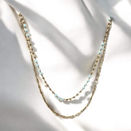 Naszyjnik stal chirurgiczna złoty podwójny zozo i zielono-białe koraliki