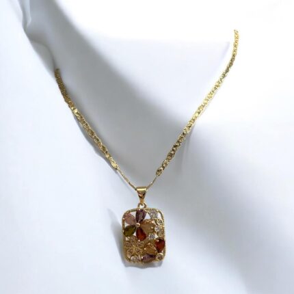 Naszyjnik stal chirurgiczna złoty prostokąt z kolorowymi kryształowymi kwiatuszkami