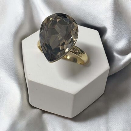 Pierścionek regulowany złoty stal chirurgiczna kryształowa łezka szara