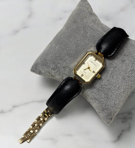 Zegarek damski złoty prostokątny bransoletka z paskiem eko-skórka czarny