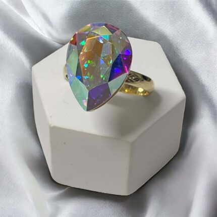 Pierścionek regulowany złoty stal chirurgiczna kryształowa łezka holo