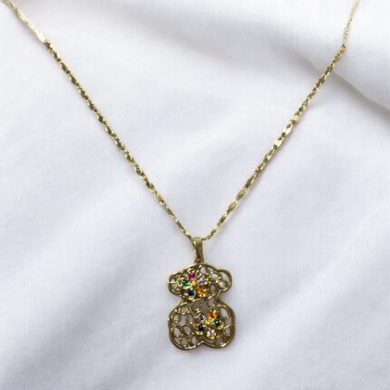 Naszyjnik stal chirurgiczna ażurowy miś z kolorowymi cyrkoniami