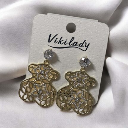 Kolczyki stal chirurgiczna złote miś z białymi ażurowymi kwiatuszkami