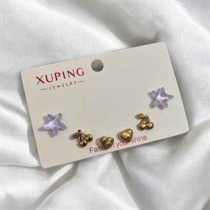 Kolczyki stal chirurgiczna złote 3pack gwiazdka, wisienka, serduszka