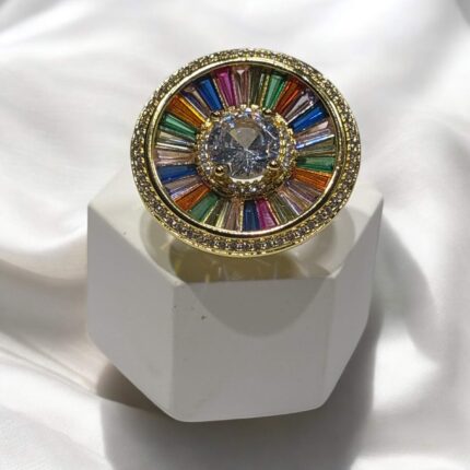 Pierścionek regulowany złoty stal chirurgiczna kolorowa monetka z kryształkami