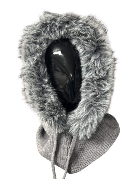 Czapka Kaptur prążek z futerkiem SZARY