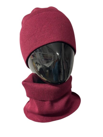 Podwójny komplet czapka + komin prążek BORDO