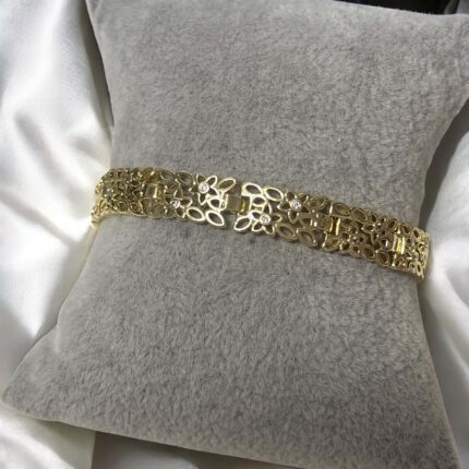 Bransoletka stal chirurgiczna złota ażurowe kwiatuszki z białymi cyrkoniami