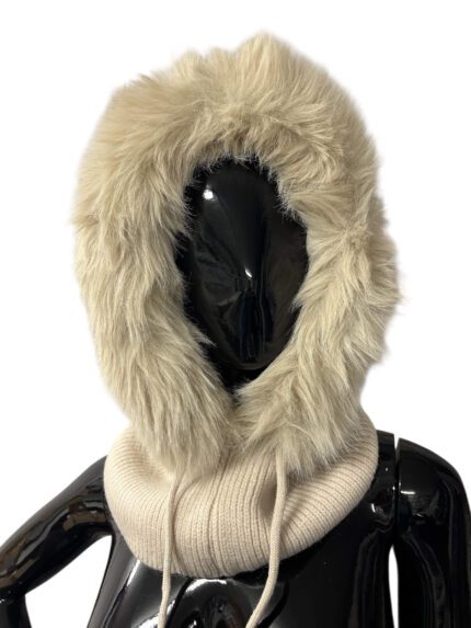 Czapka Kaptur prążek z futerkiem BEŻ