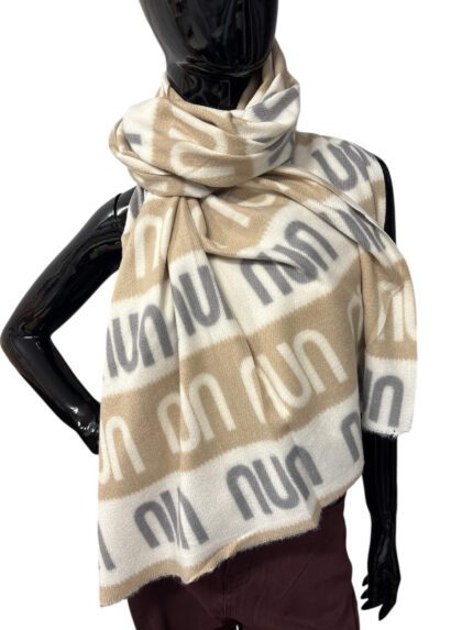 Ciepły WEŁNIANY SZAL NIU NIU BEŻOWO-ŚMIETANKOWY
