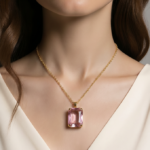 Naszyjnik stal chirurgiczna złoty kryształ prostokąt róż (2037)